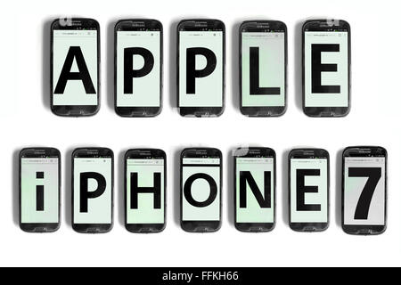 Apple iPhone 7 written on the screens of smartphones photographed against a white background. Stock Photo