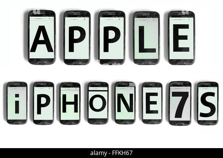 Apple iPhone 7s written on the screens of smartphones photographed against a white background. Stock Photo