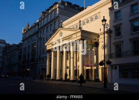 Sunlit exterior of the Haymarket Theatre in central London. The Theatre Royal, Haymarket (also known as Haymarket Theatre or the Little Theatre) is a West End theatre in the Haymarket in the City of Westminster which dates back to 1720, making it the third-oldest London playhouse still in use. Stock Photo