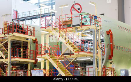 Hamburg, Germany. 12th Feb, 2016. Airbus A380 aeroplanes are assembled in a factory in Hamburg, Germany, 12 February 2016. PHOTO: LUKAS SCHULZE/DPA/Alamy Live News Stock Photo