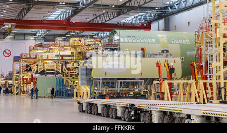 Hamburg, Germany. 12th Feb, 2016. Airbus A380 aeroplanes are assembled in a factory in Hamburg, Germany, 12 February 2016. PHOTO: LUKAS SCHULZE/DPA/Alamy Live News Stock Photo