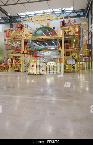 Hamburg, Germany. 12th Feb, 2016. Airbus A380 aeroplanes are assembled in a factory in Hamburg, Germany, 12 February 2016. PHOTO: LUKAS SCHULZE/DPA/Alamy Live News Stock Photo