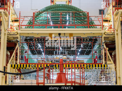 Hamburg, Germany. 12th Feb, 2016. Airbus A380 aeroplanes are assembled in a factory in Hamburg, Germany, 12 February 2016. PHOTO: LUKAS SCHULZE/DPA/Alamy Live News Stock Photo