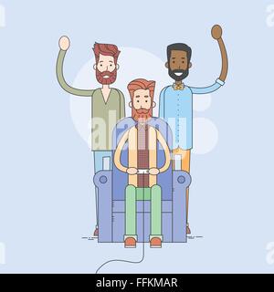 Group Of Man, Sit In Armchair Play Video Game, Stay Around Stock Vector