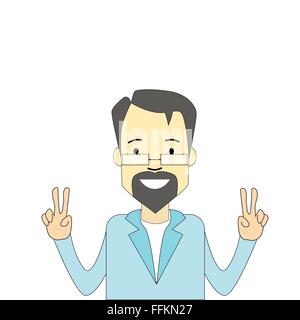 Adult Man Hipster Hand Point Two Finger Up Peace Gesture Stock Vector