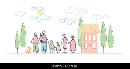 Big Famity Grand Parents Three Kids In Front of New House Stock Vector