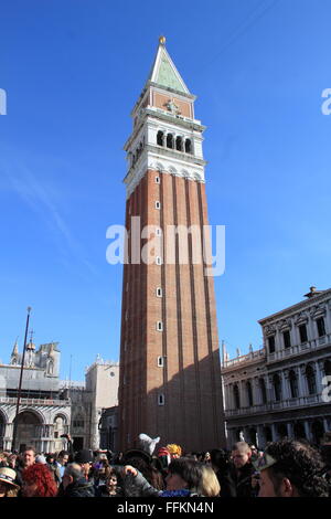 Campanile at Carnival 2016, St Mark's Square, San Marco, Venice, Veneto, Italy, Adriatic Sea, Europe Stock Photo