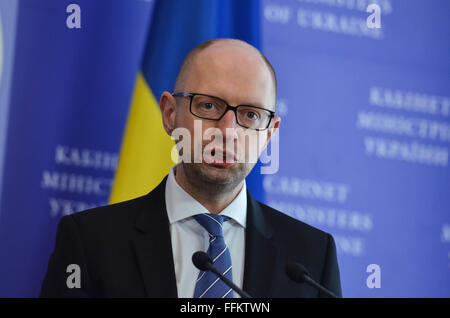 Kiev, Ukraine. 15th Feb, 2016. Prime Minister of Ukraine Arseniy Yatsenyuk during his meeting with Prime Minister of Turkey Ahmet Davutoglu. © Serhii Nuzhnenko/Pacific Press/Alamy Live News Stock Photo