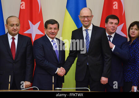 Kiev, Ukraine. 15th Feb, 2016. Prime Minister Ahmet Davutoglu (L) during a meeting with Prime Minister of Ukraine Arseniy Yatsenyuk(R). © Serhii Nuzhnenko/Pacific Press/Alamy Live News Stock Photo