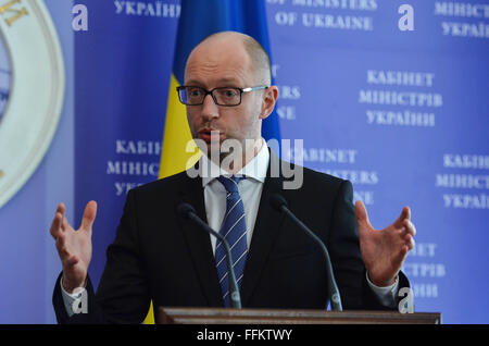 Kiev, Ukraine. 15th Feb, 2016. Prime Minister of Ukraine Arseniy Yatsenyuk during his meeting with Prime Minister of Turkey Ahmet Davutoglu. © Serhii Nuzhnenko/Pacific Press/Alamy Live News Stock Photo