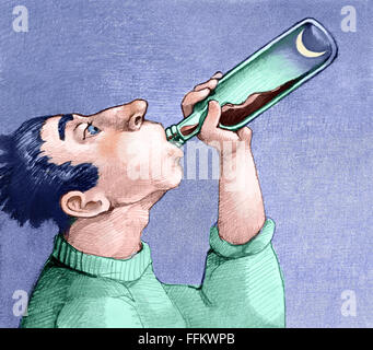 an alcoholic empties a bottle and see the moon on the bottom Stock Photo