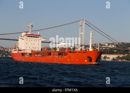 Orange Tanker Ship Passing in Bosphorus Strait Stock Photo