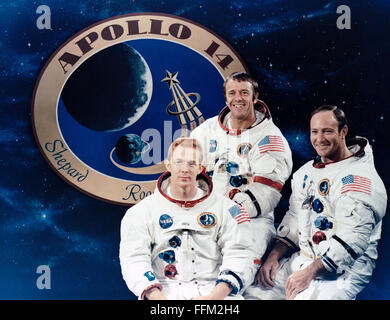 Group portrait of the Apollo 14 lunar landing mission prime crew at the Johnson Space Center December 3, 1970 in Houston, Texas. From left to right: Command Module pilot, Stuart A. Roosa, Commander, Alan B. Shepard Jr. and Lunar Module pilot Edgar D. Mitchell. Stock Photo