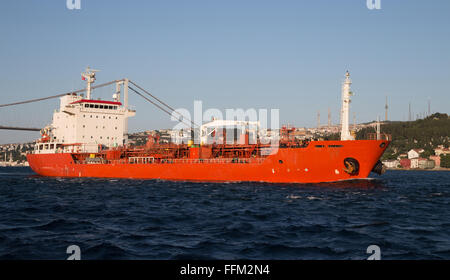 Orange Tanker Ship Passing in Bosphorus Strait Stock Photo