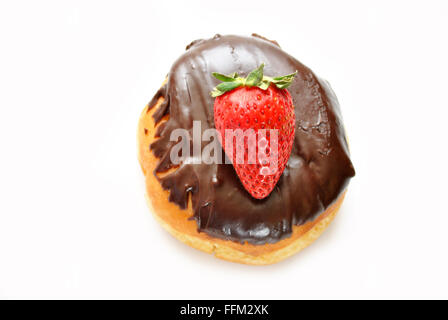 Chocolate Covered Donut with a Whole Fresh Strawberry Stock Photo