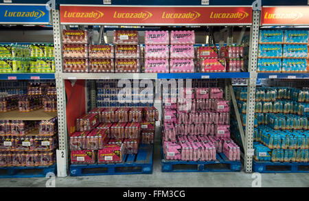 Lucozade energy drinks for sale in a warehouse. Stock Photo