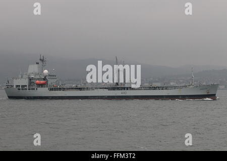 RFA Orangeleaf (A110), a Leaf-class support tanker of the Royal Fleet Auxiliary, arrives for Exercise Joint Warrior 14-1. Stock Photo