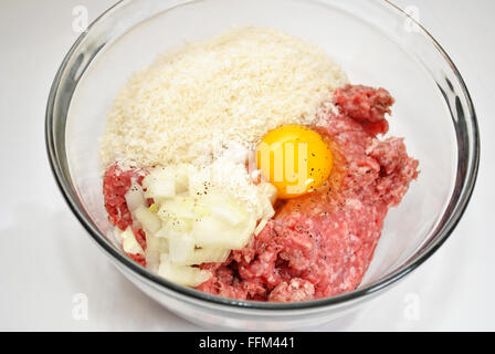 Ground Beef with Egg, Panko Crumbs, and Chopped Onion Stock Photo