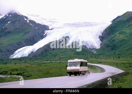 Recreational Vehicle driving on Richardson Highway at Worthington Glacier from Valdez, Alaska, USA - a National Natural Landmark Stock Photo