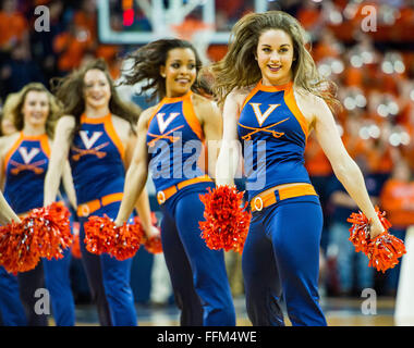 Charlottesville, VA, USA. 15th February, 2016. The UVA cheerleaders during the NCAA Basketball game between the NC State Wolfpack and the Virginia Cavaliers at the John Paul Jones Arena on February 15, 2016 in Charlottesville, VA. Credit:  Cal Sport Media/Alamy Live News Stock Photo