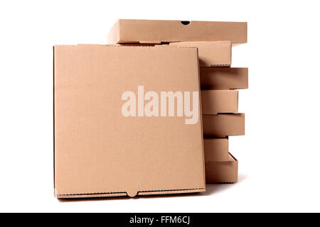 Stack of plain brown pizza boxes with one front facing box for display or advertising.  Copy space Stock Photo