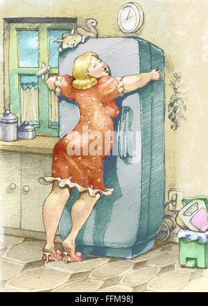 a plump woman embracing a fridge with passion Stock Photo