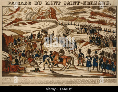 events, War of the Second Coalition 1798 - 1802, French army under general Napoleon Bonaparte crossing the Great St Bernard Pass, May 1800, pictorial broadsheet, coloured woodcut, Pellerin, Epinal, 1830, France, Italy, Switzerland, soldiers, Italian campaign, French Revolutionary Wars, mountains, alps, 18th century, 19th century, historic, historical, Additional-Rights-Clearences-Not Available Stock Photo