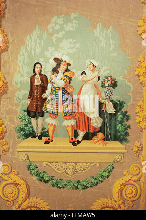 Moliere, 15.1.1622 - 17.2.1673, French author / writer and theatre manager, 'Le Bourgeois gentilhomme', 3rd act, 2nd scene, Jourdain ridiculed by his maid, wallpaper, after design by X.Mader Pere, printed by Joseph Dufour, Macon, 1812, 218 x 54 cm, German Wallpaper Museum, Kassel, Stock Photo