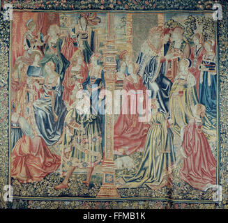 religion, biblical scene, so called 'Esther carpet', Esther adorning herself, Esther before the king, tapestry, Bruxelles, circa 1520 / 1530, Bavarian National Museum, Munich, Germany, Additional-Rights-Clearences-Not Available Stock Photo