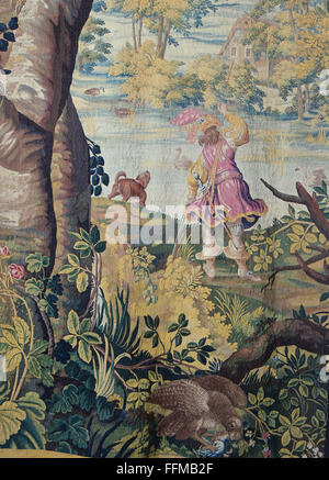hunt, squire reloading his rifle during duck hunt, tapestry, detail, Netherlands, circa 1640, Additional-Rights-Clearences-Not Available Stock Photo
