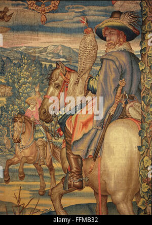 allegories, April, tapestry, detail, falconer on horse, by Hans van der Biest, after design by Peter Candid, Munich, Germany, 1612 / 1615, residence museum, Munich, Germany, Artist's Copyright has not to be cleared