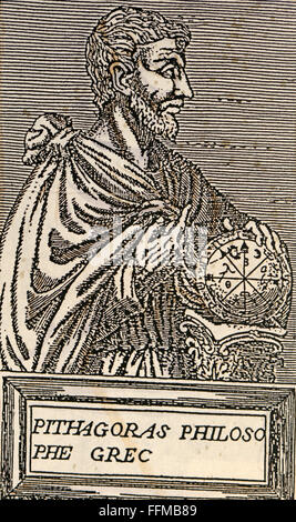 Pythagoras of Samos, circa 580/572 - 500/490 BC, Greek mathematician and philosopher, ideal image, engraving, late 16th century, private collection, Stock Photo