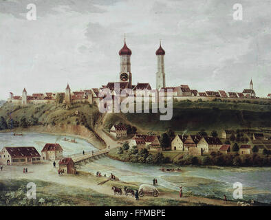 clock, clock picture, city view of Schongau on the Lech, oil on canvas, Southern Germany, circa 1840, Additional-Rights-Clearences-Not Available Stock Photo