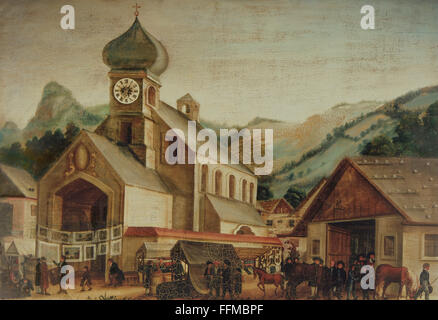 clocks, clock picture, fair on the church square of an Upper Bavarian village, oil on canvas, circa 1840, Additional-Rights-Clearences-Not Available Stock Photo