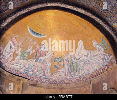 fine arts, religious art, mosaic, biblical scene, train of the children of Israel through the desert, narthex, St. Mark's Basilica, Venice, 13th century, Byzantine style, Bible, Old Testament, The Exodus, Israelites, religion, religions, Christianity, Roman Catholic Church, Roman Catholic, architecture, Basilica di San Marco, Italy, Middle Ages, people, group, groups, historic, historical, fine arts, art, mosaic, mosaics, scenes, scene, train, trains, children, child, kids, kid, desert, deserts, woman, women, female, Additional-Rights-Clearences-Not Available Stock Photo