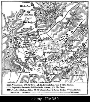 War of the Seventh Coalition 1815, battle of Waterloo, 18.6.1815, plan of action, drawing, Meyers Konversationslexikon, 1897, Additional-Rights-Clearences-Not Available Stock Photo