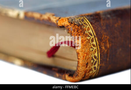 Leather cover of an old book closeup, shallow DOF Stock Photo