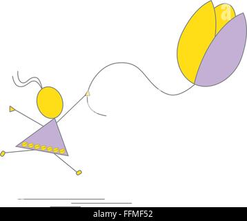 Vector, flat - Little girl running, jumping and holding a flower (tulip) in her hand. Spring time, Easter. Happy Easter. Summer. Stock Vector