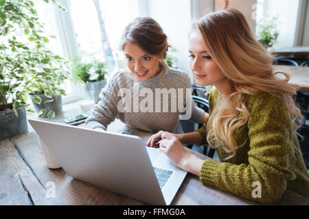 Two happy women using laptop computer in restaurant Stock Photo
