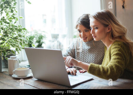 Two charming women using laptop computer in cafe Stock Photo