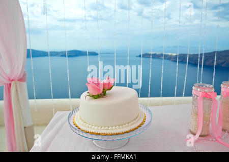 Pink decorations for wedding ceremony on the beach Stock Photo