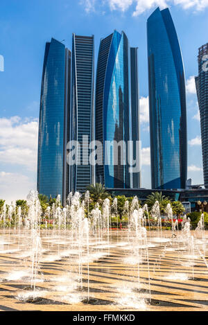 ABU DHABI, UAE - 08 FEBRUARY 2014: Etihad Towers buildings in Abu Dhabi. United Arab Emirates. Five towers complex with 74 floor Stock Photo