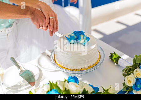 Young couple cut together the wedding cake Stock Photo