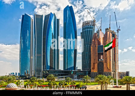 ABU DHABI, UAE - 08 FEBRUARY 2014: Etihad Towers buildings in Abu Dhabi. United Arab Emirates. Five towers complex with 74 floor Stock Photo