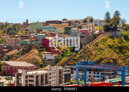 Two cars of Funicular in Valparaiso, Chile against background of colorful houses. Stock Photo