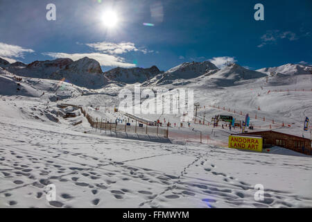 Ski slopes with ski trails and skiers Pas de la Casa, Andorra Stock Photo