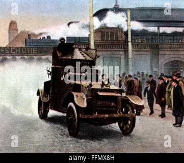 Occupation of the Ruhr 1923 - 1925, French light armoured vehicle in front of the central station in Essen, bloodier Holy Saturday, 31.3.1923, coloured photograph, cigarette card, series 'Die Nachkriegszeit', 1935, Additional-Rights-Clearences-Not Available Stock Photo