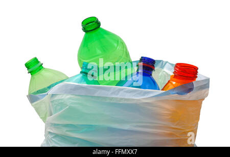 garbage bag with plastic bottles isolated on white Stock Photo