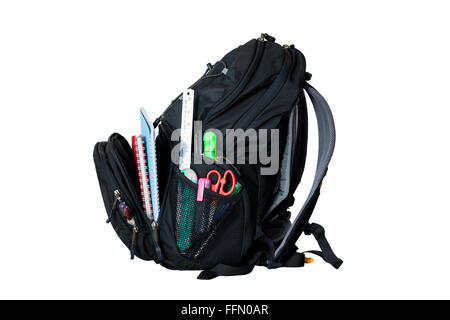 Backpack for the necessities of travel and tourism isolated on white background. Stock Photo