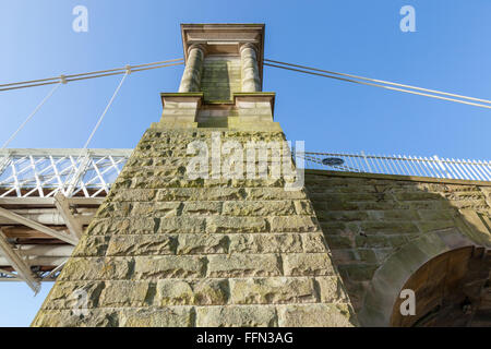 Early 20th century suspension bridge tower. One of the stone towers of Wilford Suspension Bridge, Nottingham, England, UK. Stock Photo